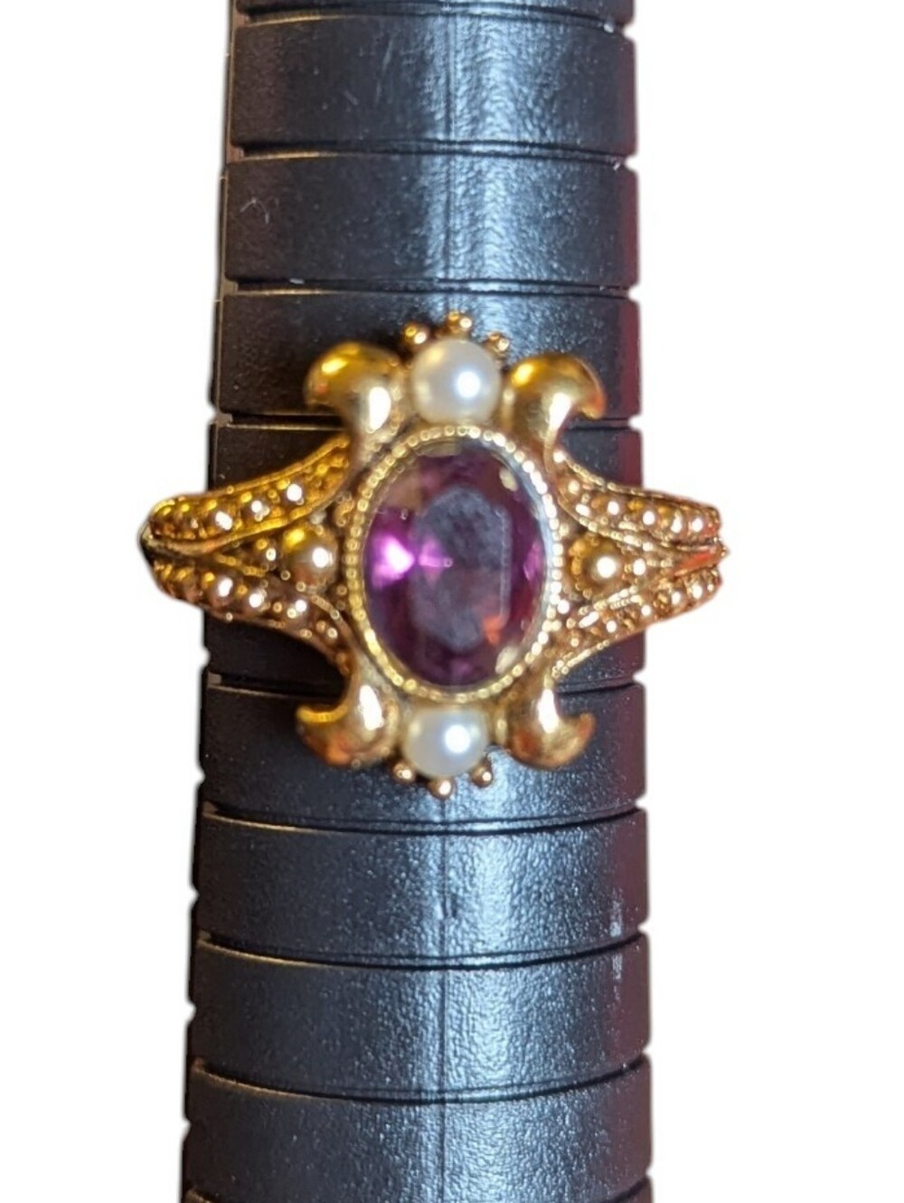 Avon Vintage 1970s Queensbury Costume Jewelry Ring Adjustable Purple Gold Pearl
